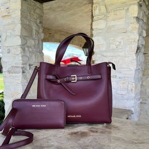 Michael Kors large Emilia Satchel Leather Merlot Handbag & Wallet set NWT